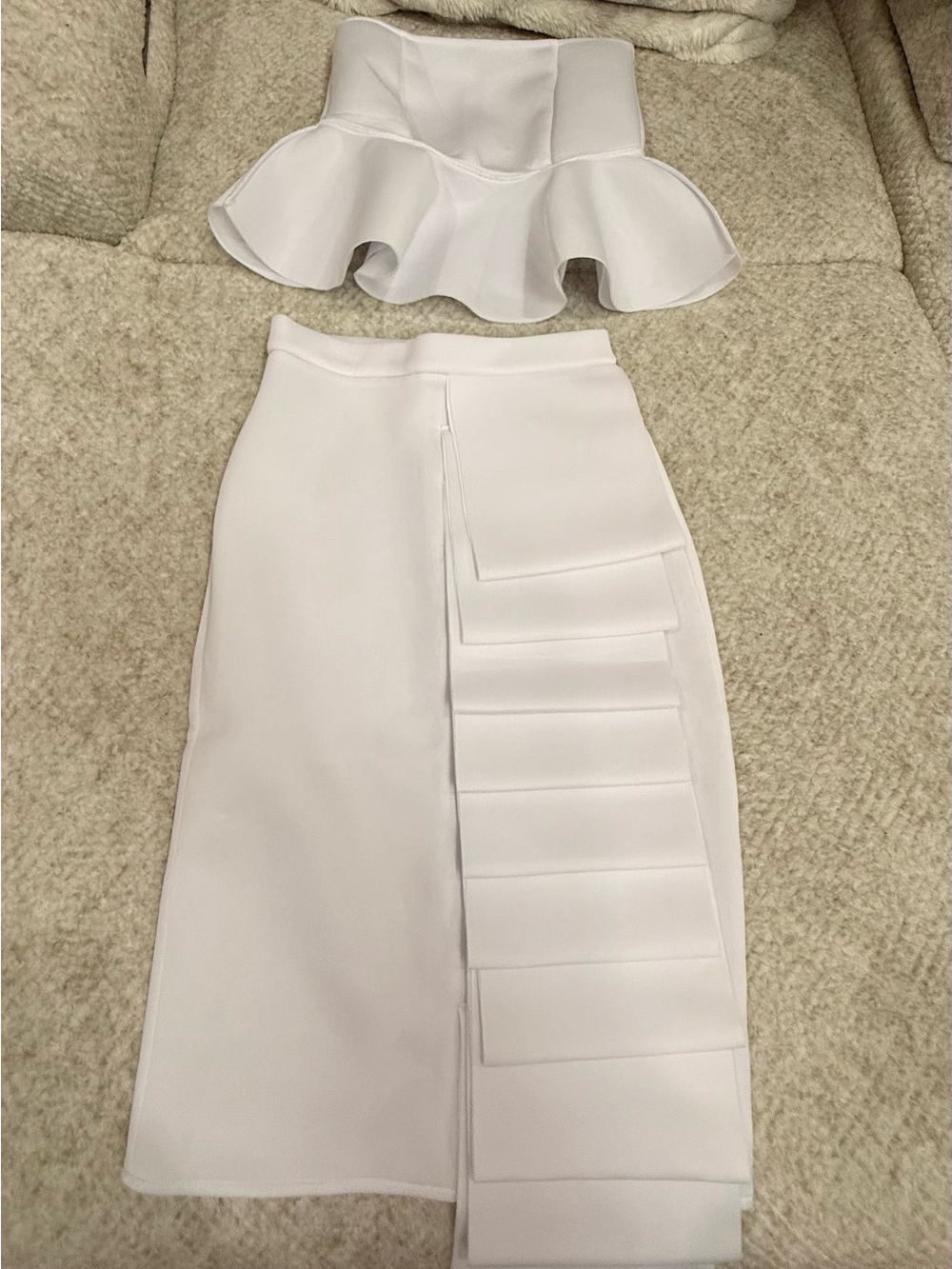 White Peplum Top and Pleated Pencil Skirt Set